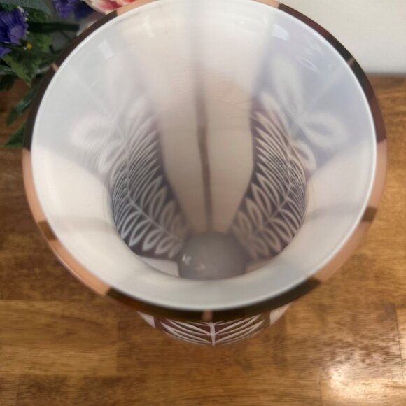 Vintage Plum and White Cased Cut Glass Vase Gold Trim Bohemian Style Leaf Motif - Picture 4 of 5